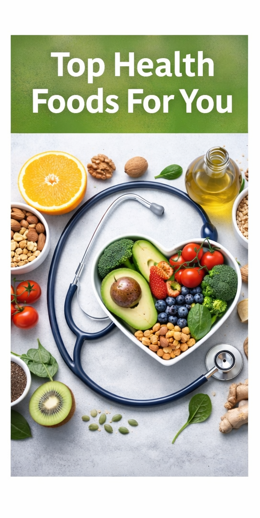 Flat lay of healthy foods with a stethoscope, showing fruits, vegetables, nuts, grains and salmon for a balanced diet.